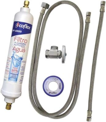 KIT de Filtro de Agua mas mangueras para intalación de refrigerador o ice maker (fabrica de hielo), marca: COFLEX, modelo: JVR-IM300